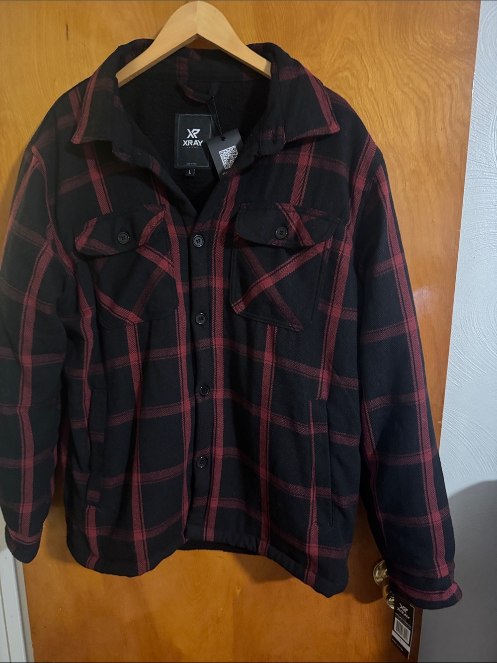 Xray Fleece Jacket Mens Large Black Red Plaid Sherpa